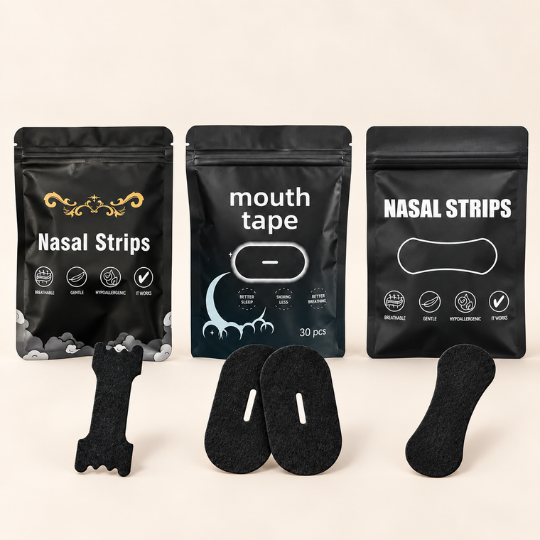 Packaging options: scalloped or rounded nasal strips, each paired with mouth tape